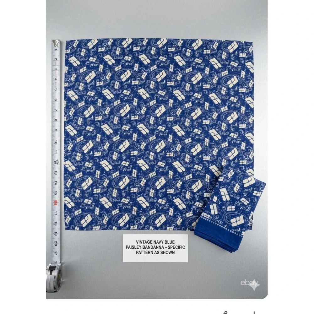 Vintage Navy Blue Paisley Silk Bandana Square Neck Scarf 21x21 Blue White Print